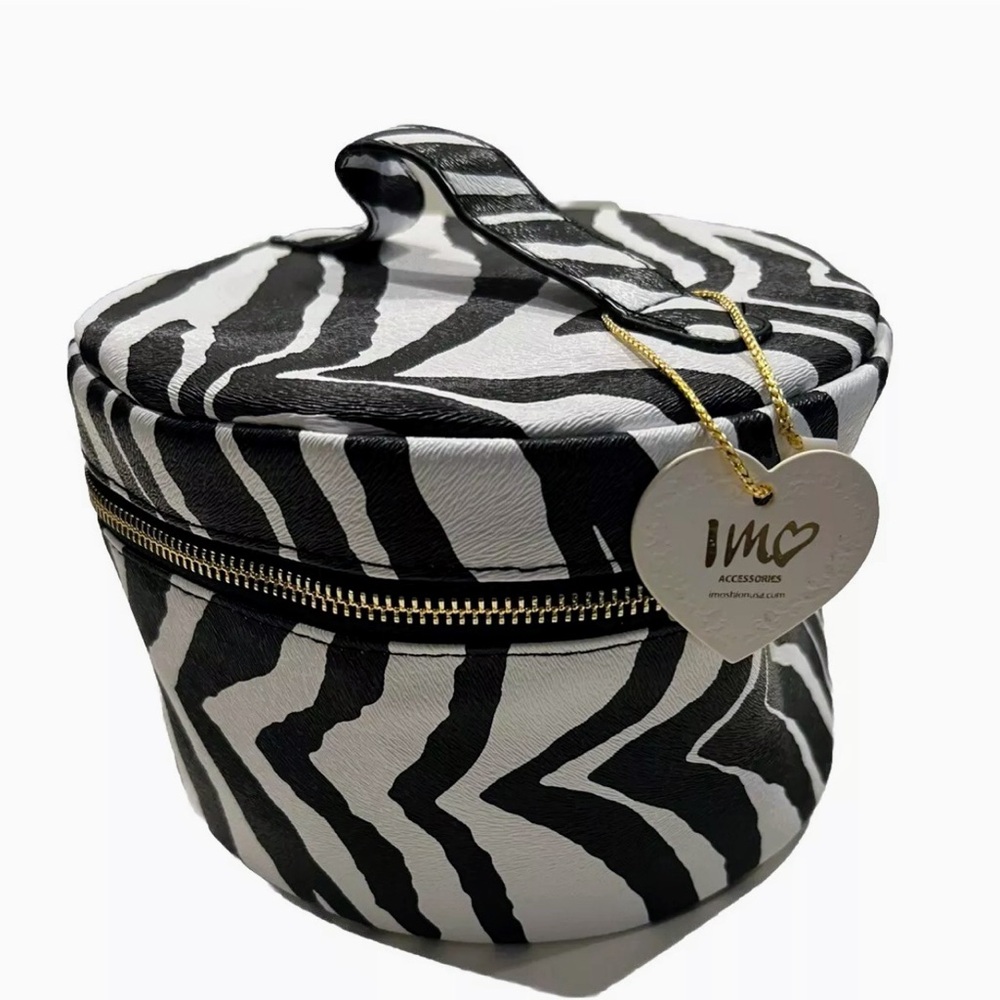 NEW!!! Beautiful Zebra Makeup Case with Mirror Round! Zipper
